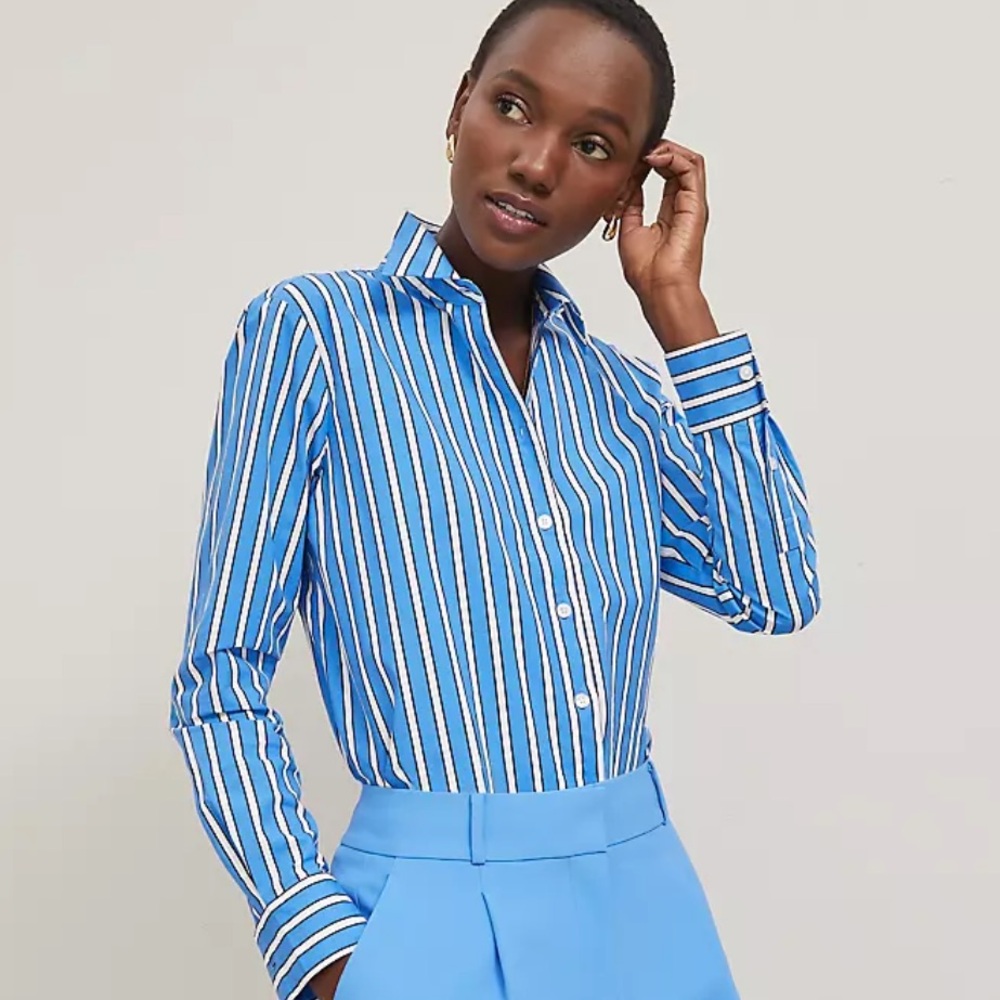 NWT Ann Taylor Striped Relaxed Perfect Shirt Maritime Blue XS